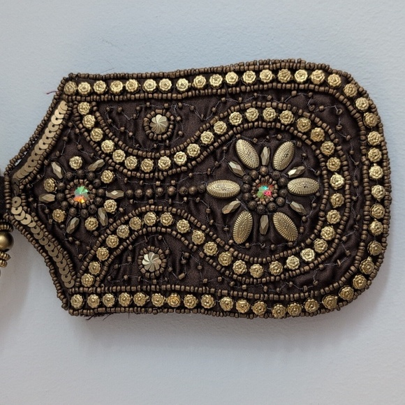 Brown and Gold Embroidered Wristlet with Beaded Ring Handle - Phone Case - Picture 7 of 8